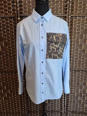 Light Blue Women's Button-Down Shirt with Decorative Pocket